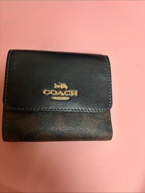 Coach Black & Brown Signature Compact Wallet with Gold Logo